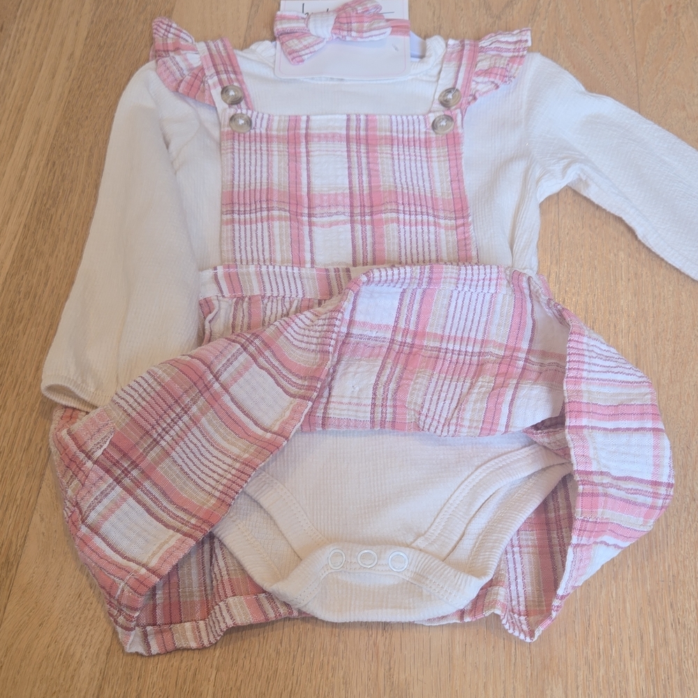 Nicole Miller NWT 24 Month Pink Plaid Overall Dress with White Top - Picture 3 of 9